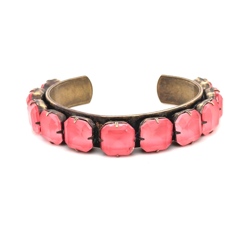 Loren Hope Pink Crystal Cuff Bracelet Antiqued Brass Tone Statement Jewelry